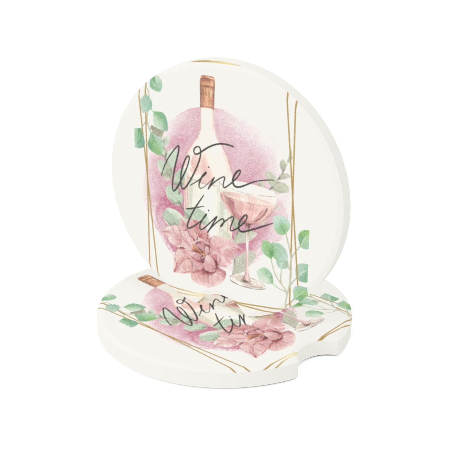 Wine Time Soapstone Car Coaster — Floral Wine Bottle & Glass Design