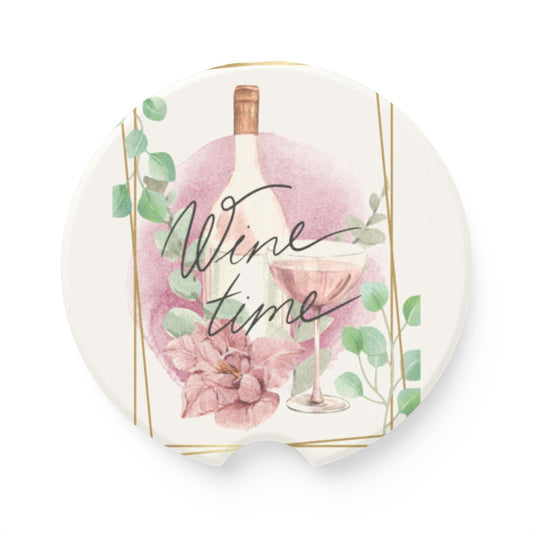 Wine Time Soapstone Car Coaster — Floral Wine Bottle & Glass Design