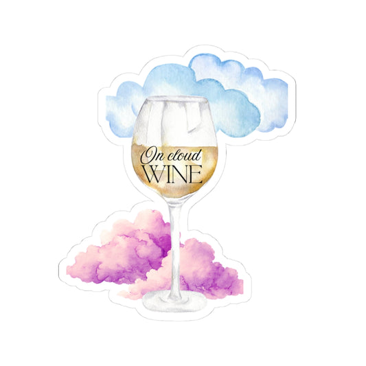 Wine Glass Sticker — “On Cloud Wine” Kiss-Cut Vinyl Sticker, Cute Watercolor Clouds Laptop Decal