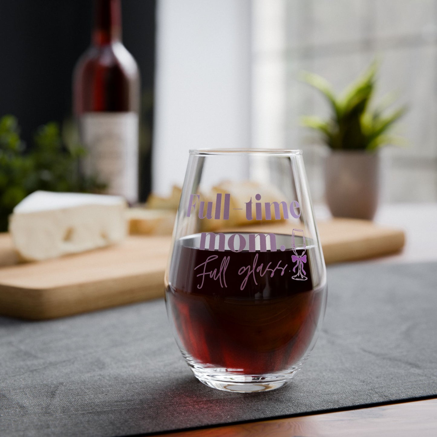 Stemless Wine Glass — “Full-Time Mom, Full-Glass” Pink Script Gift