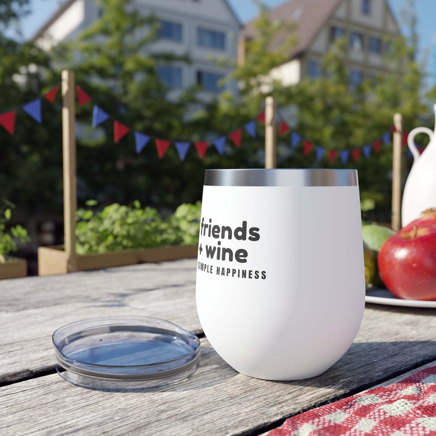 Wine Tumbler — "friends + wine: simple happiness" 12oz Insulated Cup
