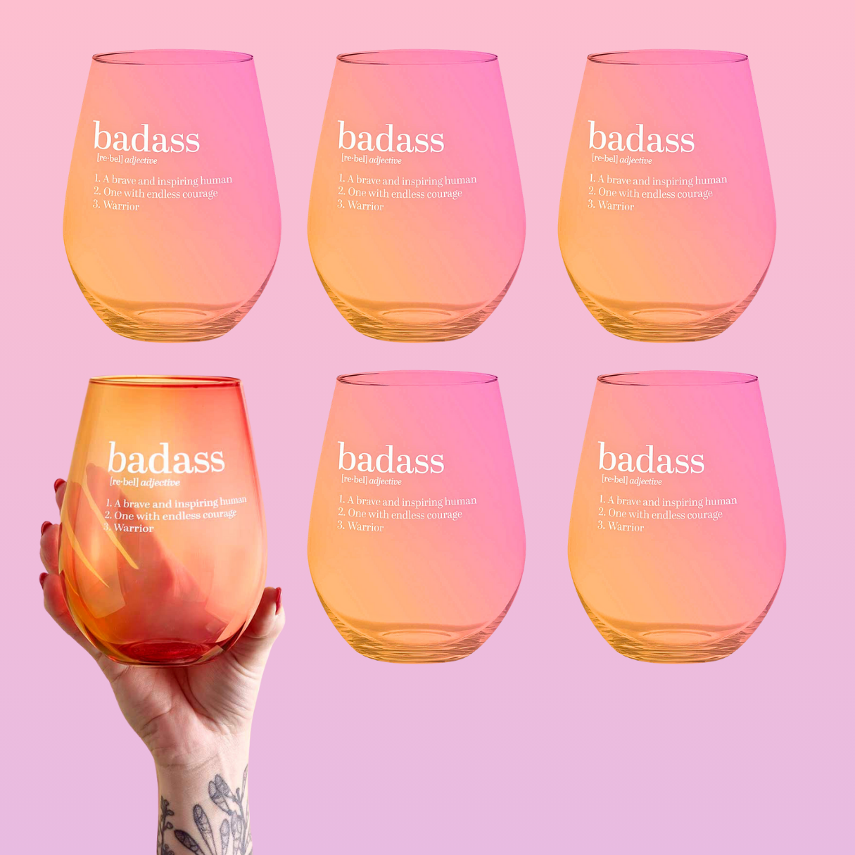 Set of 6 Badass Jumbo Stemless Wine Glass in Orange Pink Ombre | 30